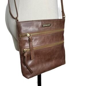 Estalon Leather Crossbody Brown Vintage Slim Crossbody Sipper Pocket Purse